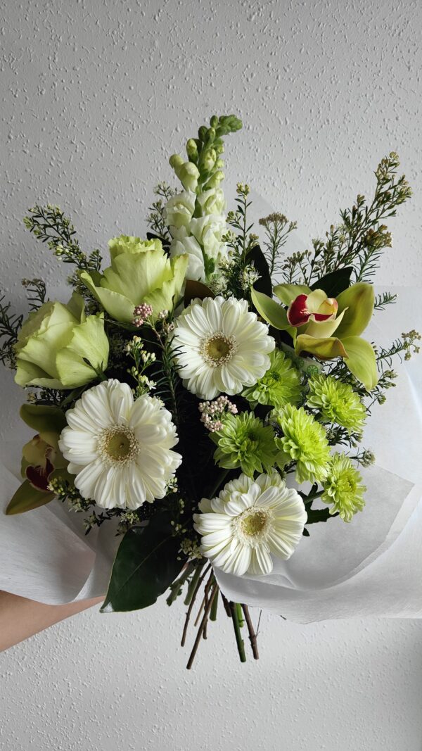 Neutral bouquet of greens white and creams. Classic bouquet