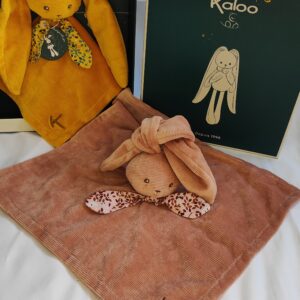 Kaloo Comforter Rabbits/bunnies for new baby in mustard and pusky pink colours