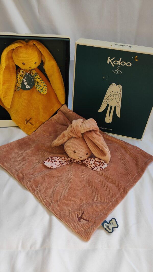 Kaloo Comforter Rabbits/bunnies for new baby in mustard and pusky pink colours